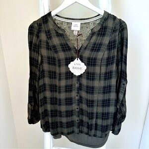 Knox Rose Mixed Material Plaid Rolled Sleeve Shirt SZ Small